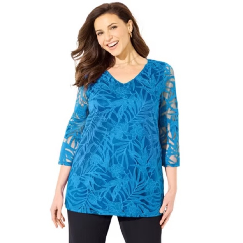 Catherines Womens‎ Floral Burnout Blouse Top Size 2X Floral Resort Blue Sheer